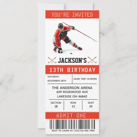 Hockey Ticket Birthday Invitation Template Hockey Birthday Invitations Free, Hockey Birthday Party Ideas, Hockey Themed Birthday Party, Ticket Design Template, Ticket Birthday Invitation, Hockey Birthday Parties, Sports Birthday Invitations, Hockey Party, Hockey Birthday