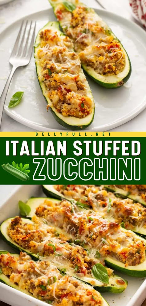 You're going to love this Italian Stuffed Zucchini! It's an easy vegetable side dish that can be a complete meal. Filled with Italian sausage and a couscous mixture, these stuffed zucchini boats are hearty and flavorful! Save this fresh zucchini recipe! Couscous Sausage, Stuffed Zucchini Recipes, Poverty Meals, Zucchini Dinner, Zucchini Dinner Recipes, Recipe With Sausage, Zucchini Boat, Easy Vegetable Side Dish, Boat Recipes