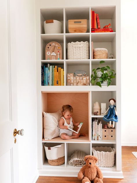 Reading Nook Kids Diy, Toddler Reading Nooks, Ikea Sniglar Crib, Nursery Reading, Ikea Kallax Unit, Tiny Nursery, Kallax Shelf Unit, Ikea Units, Reading Nook Kids