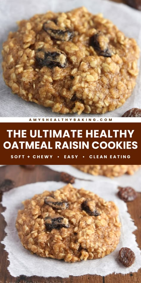 Don't miss out on this healthy baking idea! Soft and chewy with lots of cinnamon, these healthy oatmeal raisin cookies are the BEST you'll ever eat. Save this healthy dessert recipe and make these amazing oatmeal cookies! Oatmeal Raisin Cookies Almond Flour, Low Cal Oatmeal Raisin Cookies, Clean Oatmeal Raisin Cookies, Oat Flour Raisin Cookies, Gluten Free Dairy Free Oatmeal Raisin Cookies, Weight Watchers Oatmeal Raisin Cookies, Oatmeal Peanutbutter Cookies Healthy, Oatmeal Gf Cookies, Oatmeal And Raisin Cookies Chewy