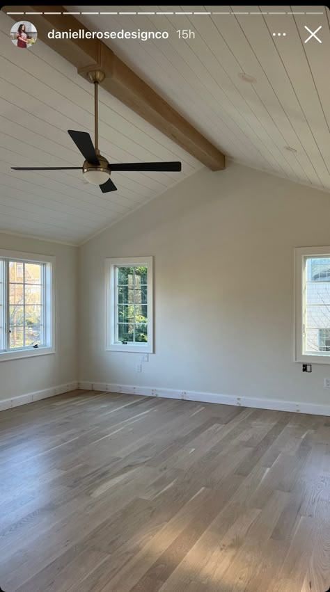 Office Shed Interior, Beam Living Room, Wood Beams On Ceiling, Family Room Extension, Fake Beam, Beams Living Room, Sunroom Patio, Master Addition, Bungalow Decor