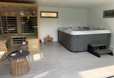 Hot Tub Canopy | Bakers Garden Buildings Indoor Hot Tub And Sauna, Home Sauna And Hot Tub, Home Sauna And Jacuzzi, Sauna And Jacuzzi Room, Hot Tub Changing Room, Jacuzzi And Sauna Indoor, Sauna Jacuzzi Room, Hot Tub In Garage, Garage Hot Tub Ideas