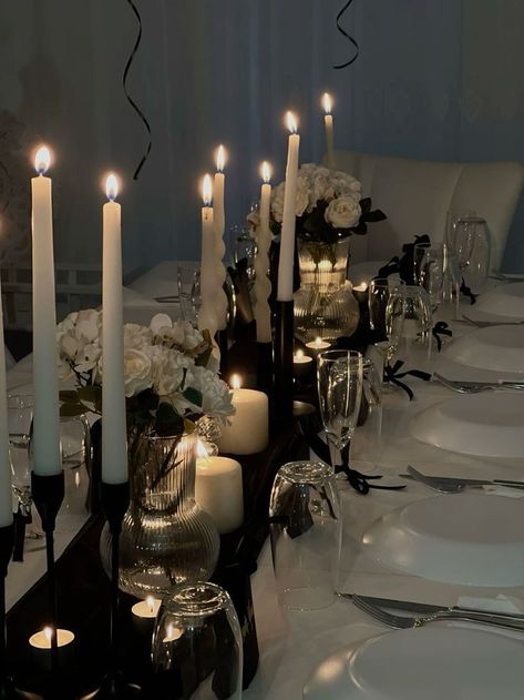 Black Decor Birthday Party, Birthday Party Table Decorations Elegant, Black 25th Birthday Party Ideas, Rip To My 20s Table Decor, Black Birthday Dinner Decor, Black Elegant Birthday Party, Black Tie Dinner Party Aesthetic, All Black Birthday Dinner Decorations, Black Tie Birthday Dinner