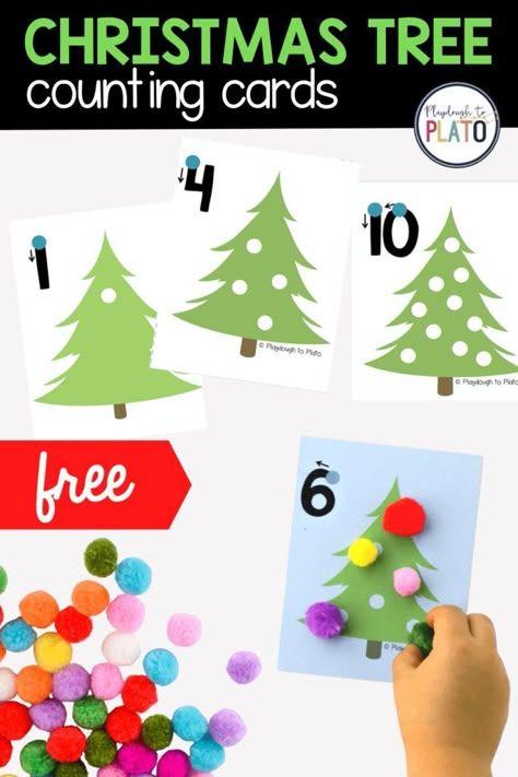 These festive Christmas tree counting cards are the perfect activity to practice number recognition, counting, one-to-one correspondence, number writing and even beginning addition. Pre k and kindergarten kids are sure to love these engaging cards and would even make an easy math center or small group instructional activity! #countingcards #mathcenters #numbersense Beginning Addition, Holiday Math Activities, Christmas Math Centers, Christmas Math Activities, Playdough To Plato, Christmas Learning, Preschool Christmas Activities, Christmas Preschool, Number Writing