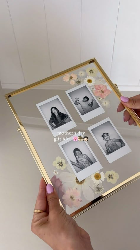 diy floral polaroid frame 🌸 a beautiful gift idea for mother’s day! took polaroids with b&w film, glued on dried florals and tied with a… | Instagram Gift Idea For Mother, Photo Gifts Diy, Personalised Gifts Diy, Polaroid Frame, Dried Florals, Float Frame, Cadeau Photo, Gift Inspo, Cadeau Diy