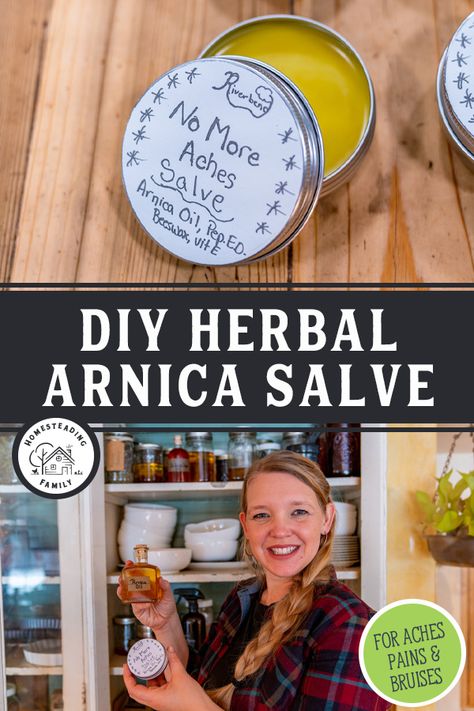 If you're looking for natural pain relief from sore muscles, tension headaches, or bumps and bruises, arnica may be the answer. This "no more pain" arnica salve recipe is great to have on hand to help ease the pain. Back Pain Massage, Pain Relief Salve, Arnica Salve, Balms And Salves, Lower Back Pain Remedies, Oils For Headaches, Homesteading Family, Arnica Oil, Salve Recipes