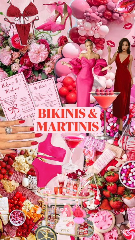 Bachelorette party weekend theme inspiration. Vibrant pink and red Bikinis and Martinis Girls Weekend. Bachelorette Flamingo Theme, Puerto Vallarta Bachelorette, Drag Brunch Bachelorette, Martinis And Bikinis Bachelorette Theme, Bachelorette Bikinis And Martinis, Beach Bachelorette Party Themes Ideas, Hen Pool Party, Hens Pool Party, Boat Hens Party