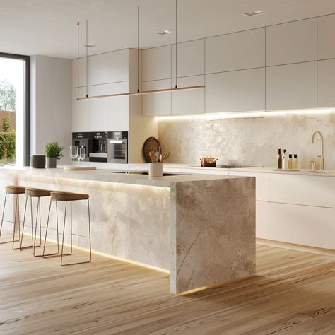 Modern Style Kitchen Design, Marble And White Kitchen, Kitchens That Never Go Out Of Style, Sleek White Kitchen, Sophisticated Kitchen Design, House Inspo Kitchen, Modern Timeless Kitchen, White Marble Kitchen Ideas, Modern Kitchen Condo