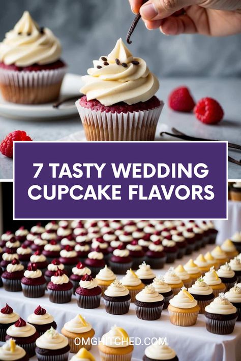 Planning a wedding? You won’t want to miss these 7 tasty cupcake flavors! From the classic vanilla bean with a yummy raspberry filling to playful options like chocolate peanut butter, there's a flavor for everyone. Imagine the joy on your guests' faces as they dig into these delicious treats. Don't settle for ordinary cakes when you can have cupcake fun! Perfect for wedding celebrations, these sweet delights will add a special touch to your big day. Save this for your wedding ideas and get inspired! Wedding Cupcakes Ideas Flavors, Fun Cupcake Flavor Ideas, Fall Cupcake Flavors For Wedding, Cupcake Presentation Ideas Display, Summer Wedding Cupcake Flavors, Chocolate Cupcakes For Wedding, Piping Mini Cupcakes, Spring Inspired Cupcakes, Pretty Chocolate Cupcakes