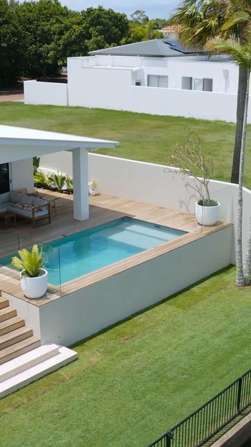 Raised Deck With Pool, Deck And Pool Ideas, Pool Off Patio, Pool In Deck, Front Yard Pool, Pool With Deck, Terrace Designs, Hillside Pool, Raised Pools