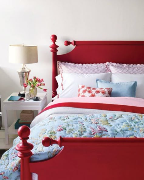 The Painted Bed Painted Bed Frames, Cannonball Bed, Red Headboard, Red Painted Furniture, Red Bed, Painted Beds, Painting Wood Furniture, Easy Diy Decor, Red Cottage