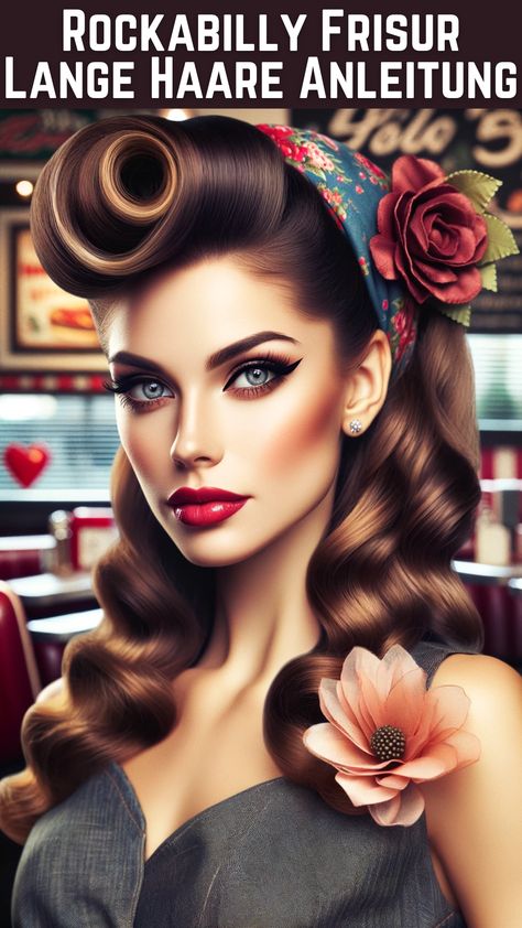 Einführung in den Rockabilly-Stil 🌟 Die Rockabilly Frisur für lange Haare ist mehr als nur ein Haarstyling - es ist ein Lebensgefühl! Inspiriert von den 1950er Jahren, vereint dieser Stil Vintage-Glamour mit einem Hauch von Rebellion. In diesem Artikel zeigen wir Ihnen, wie Sie diesen zeitlosen Look Schritt für Schritt nachstylen können. Was ist Rockabilly? Rockabilly Artwork, Rockabilly Hairstyles, Rockabilly Looks, Retro Pin Up, Stage Makeup, Vintage Glamour, Retro Look, Pin Up, Hair Styles