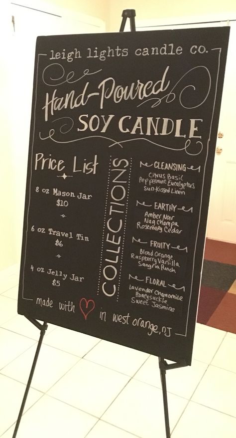 Craft show candle booth foam board chalkboard signage Candle Booth Display, Candle Booth, Craft Fair Booth Display, Craft Show Booths, Signage Ideas, Vendor Displays, Craft Fairs Booth, Candle Bar, Candle Making Business