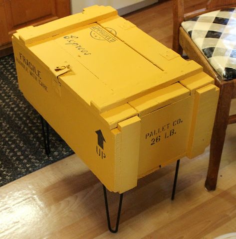 A Colonel Mustard Shipping Crate Table with Old Sign Stencils - Organized Clutter Floor Cushions Diy, Colonel Mustard, Crate Side Table, Wooden Shipping Crates, Organized Clutter, Crate Table, Old Crates, Crate Diy, Vintage Crate