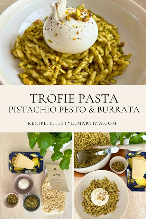 Indulge in this delicious Liguria dish of Trofie Pasta, Pistachio Pesto & Creamy Burrata. A 30-min meal for 4, bursting with flavor! Pesto Burrata Pasta, Pistachio Pasta Recipe, Pistachio Pasta Sauce, Pistachio Pesto Pasta, Trofie Pasta Recipes, Trofie Pasta, Pistachio Pasta, Flavored Pasta, Pesto Burrata