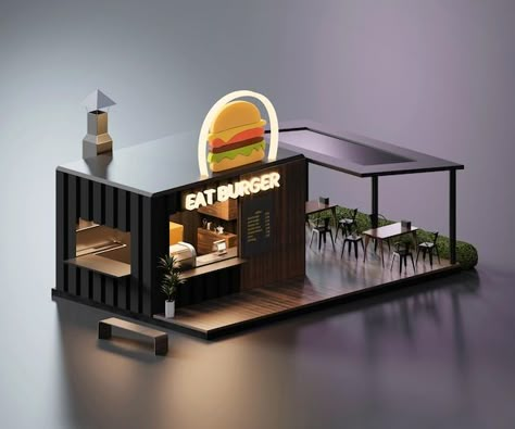 Isometric view minimal burger restaurant... | Premium Photo #Freepik #photo #background #food #design #city Burger Container Design, Burger Shop Design Ideas, Burger Kiosk Design, Burger Stall Design, Burger Cafe Design, Small Burger Shop Design, Burger Shop Interior Design, Burger Store Design, Burger Shop Design