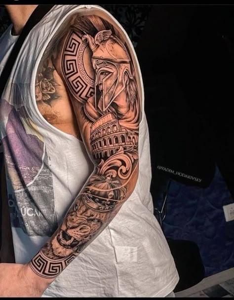 Spartan Tattoos, Mens Full Sleeve Tattoo, Tattoo Homme, Warrior Tattoo Sleeve, Roman Tattoo, Gladiator Tattoo, Spartan Tattoo, Lion Tattoo Sleeves, Men Tattoos Arm Sleeve