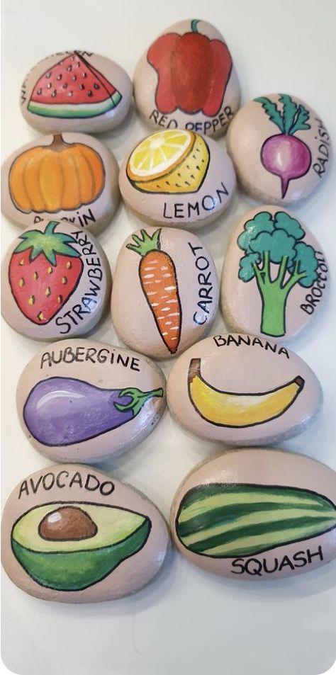 Hospital Art, Rock Food, Garden Plant Markers, Vegetable Painting, Painted Rocks Ideas, Garden Rocks, Avocado Banana, Story Stones, Painted Rocks Craft