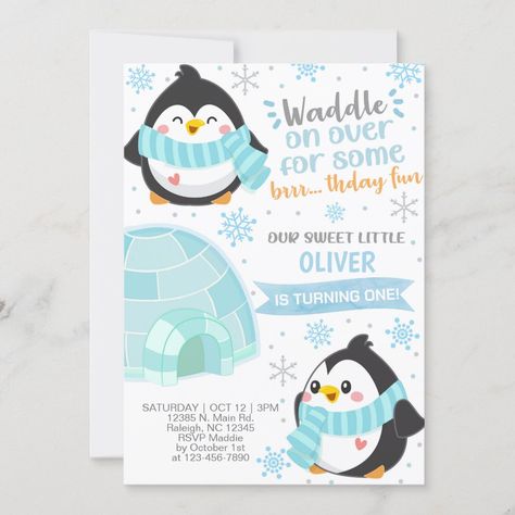 Penguin Invitations Birthday, First Birthday Boy Themes Winter, December 1st Birthday Party Boy, Snow Globe Party, Preschool Subjects, Penguin First Birthday, Penguin Themed Birthday Party, Penguin Invitations, Pretty Birthday Party