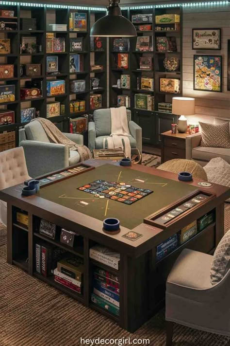 30 Amazing Basement Game Room Ideas - Hey Decor Girl [Latest Trending Decor Design Ideas] Open Game Room Ideas Layout, Games Room For Adults, College Hangout Room Ideas, Murphy Bed In Game Room, Game Room Bar Ideas Basement Designs, Game Room At Home, Coffee Table For Games, Casino Basement, Game Room Bookshelves