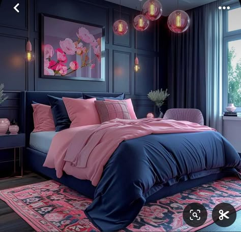 Pink And Navy Bedroom, Bedroom Interior Colour, Blue And Pink Bedroom, Navy Bedroom, Yellow Bathroom Decor, Navy Bedrooms, Bedroom Color Combination, Gold Bedroom, Pink Bedrooms