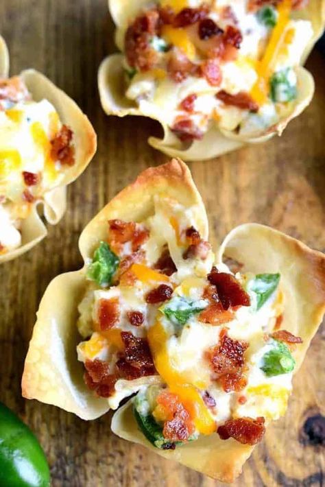 Jalapeno Popper Wonton Cups - Lemon Tree Dwelling Recipe For Jalapeno Poppers, Jalapeno Wonton, Wonton Poppers, Wonton Bites, Jalapeno Wonton Poppers, Lemon Tree Dwelling, Wonton Cups, Game Day Appetizers, Wonton Wrappers