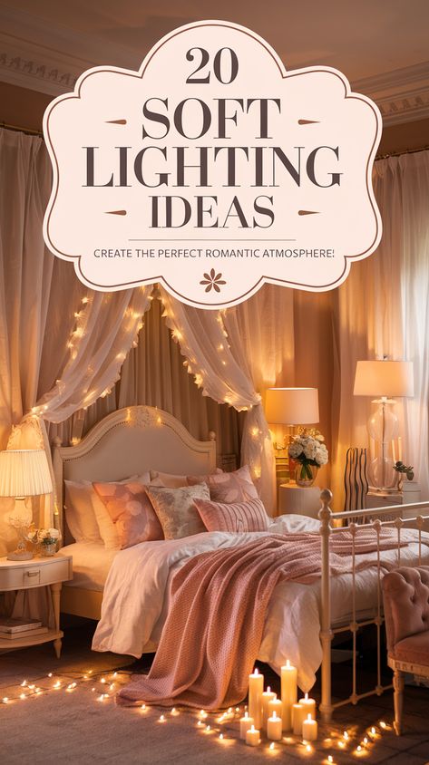 20 Soft Lighting Ideas to Create the Perfect Romantic Bedroom Ambiance! Vintage Ceiling Lights Bedroom, No Light Bedroom Ideas, Bedroom Twinkle Light Ideas, Calming Bedroom Lighting, Bedroom With Fairy Lights Ideas, Bedroom Corner Lighting Ideas, Light Up Decor, How To Layer Lighting, Bedroom Accent Lighting