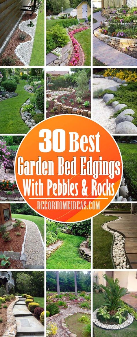 Rock Garden Edging Ideas, Pebble Landscaping Ideas, Rocks Decor, Rock Edging, Rock Flower Beds, Pebble Landscaping, Flower Bed Edging, Pebble Garden, Mulch Landscaping