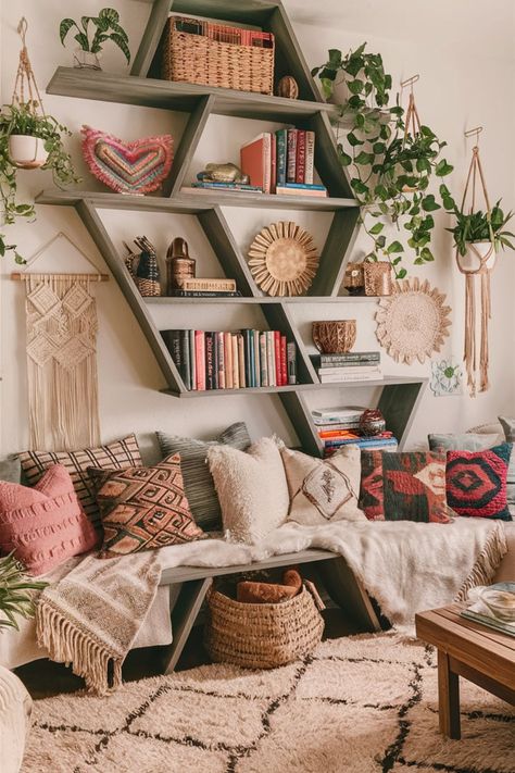 Create a free-spirited ambiance with flowing wooden shelves arranged in unique patterns. Fill them with boho textiles and eclectic decor for a stylish touch. #BohoDecor #EclecticStyle #WoodenShelves #BohemianVibes #FreeSpiritedDesign #ShelfStyling #UniqueHomeDecor #InteriorInspo #BohoChic #CreativeSpaces Apartment Decorating On A Budget Boho, Boho Plant Shelf, Boho Wall Shelves, Boho Library Room, Bohemian Bookshelf, Boho Library, Boho Bookshelf, Boho Shelves, Wabi Sabi Boho