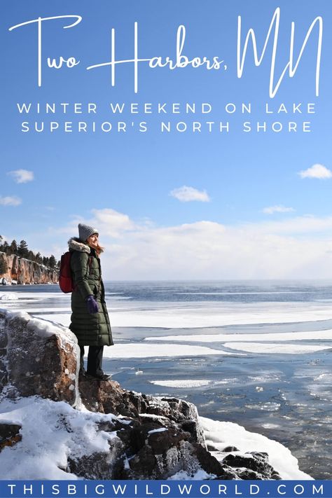 If you thought Minnesota's north shore of Lake Superior was beautiful in summer, you may be surprised by how incredible it is in winter! Two Harbors Minnesota is the perfect destination for a winter weekend getaway to Minnesota's north shore. Here's 13 winter activities Two Harbors MN that you'll love! two harbors mn things to do | two harbors mn winter | north shore minnesota winter | north shore mn road trip | north shore mn winter | tettegouche state park mn | lake superior north shore Two Harbors Minnesota, Winter Weekend Getaway, North Shore Mn, Two Harbors Mn, Tettegouche State Park, North Shore Minnesota, Travel Minnesota, Minnesota Winter, Cotton Candy Skies