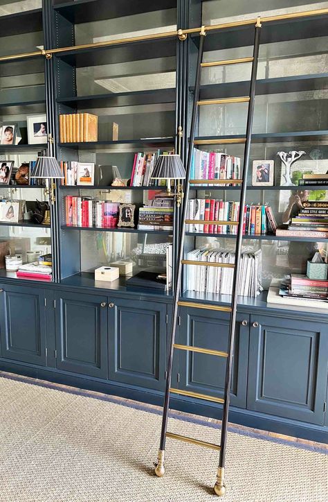 Bespoke Patinated Brass Bookcase Library Ladder and Rails - Andrew Nebbett Designs Book Shelves With Ladder, Library Wall With Ladder, Home Library With Ladder, Diy Library Ladder, Brass Bookcase, Library With Ladder, Dining Room Conversion, Bookcase With Ladder, Bookcase Doors