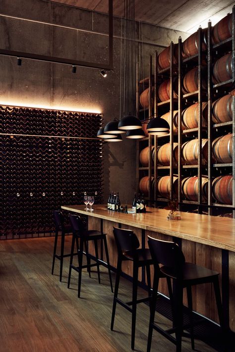 Wine Basement, Wineries Architecture, Global Interior Design, Brewery Design, Giant Steps, Winery Tasting Room, Barrel Room, Wine Tasting Room, Whiskey Bar