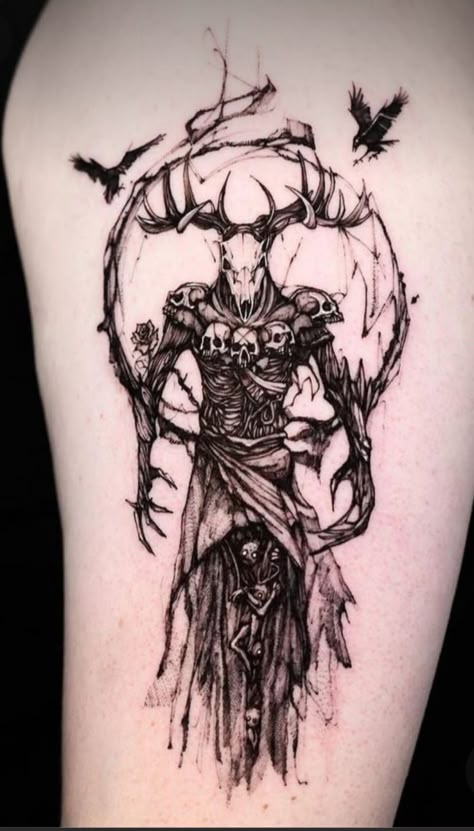 One Piece Finger Tattoo, Skinwalker Tattoo Design, Witch Doctor Tattoo Design, Blades Of Chaos Tattoo Ideas, Urban Legend Tattoo, Leshen Witcher Art, Abb Tattoos Men, Wendigo Tattoo Ideas, Demonic Tattoo Ideas