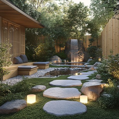 Create a peaceful sanctuary in your backyard with a Zen garden patio. Featuring natural stone paths, bamboo fencing, and a soothing water feature, this space is designed for ultimate relaxation and meditation. Embrace the calm of nature with this serene outdoor retreat. #ZenGarden #OutdoorSanctuary #BambooFencing #RelaxationSpace Zen Garden With Water Feature, Zen Stone Garden, Asian Garden Backyard, Zen Patio Ideas, Zen Courtyard, Outdoor Meditation Space, Outdoor Zen Garden, Peaceful Backyard, Backyard Zen