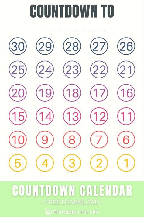 Need to count down the days to a special event? Grab this free blank 30-day calendar! Simple numbered circles for tracking any countdown - birthdays, weddings, trips, retirements. Clean minimalist look, prints nicely in color or grayscale. Download the easy PDF printable or customize the Canva template yourself. Great for planners, teachers, families, and more! Printable Countdown Calendar, 30 Day Countdown, Free Calendars To Print, Countdown Calendar Printable, Free Blank Calendar, Teacher Classroom Sign, Free Calendars, August Calendar, Birthday Countdown