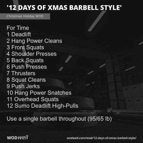 "12 Days of Xmas Barbell Style" Workout, CrossFit WOD | WODwell - For Time; 1 Deadlift; 2 Hang Power Cleans; 3 Front Squats; 4 Shoulder Presses; 5 Back Squats; 6 Push Presses; 7 Thrusters; 8 Squat Cleans; 9 Push Jerks; 10 Hang Power Snatches; 11 Overhead Squats; 12 Sumo Deadlift High-Pulls; Use a single barbell throughout (95/65 lb) Crossfit Squat Workout, Christmas Wods Crossfit, Crossfit Wods Barbell, 12 Days Of Christmas Workout, Christmas Workouts, Barbell Workout For Women, Wods Crossfit, Crossfit Workouts Wod, Sumo Deadlift