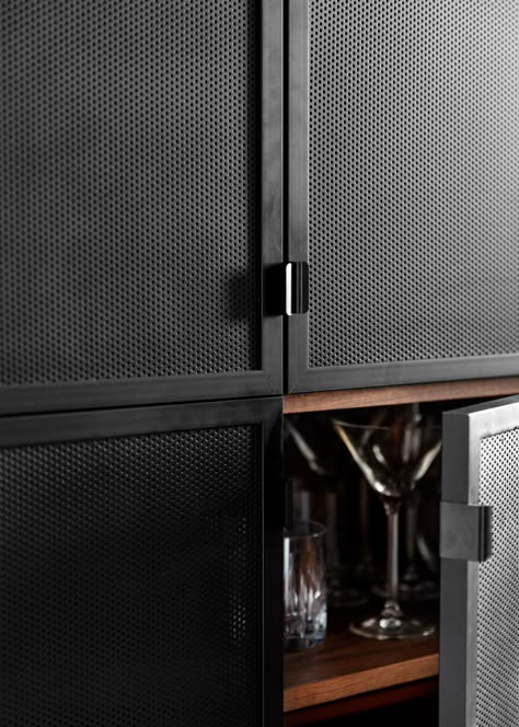 Bryant Park Residence — Megan Grehl Industrial Cabinet Doors, Perforated Metal Cabinet Doors, Black Wire Mesh Cabinet Doors, Perforated Metal Door, Industrial Cabinet Design, Perforated Metal Cabinet, Metal Mesh Cabinet Doors, Metal Mesh Cabinet, Industrial Home Office Design