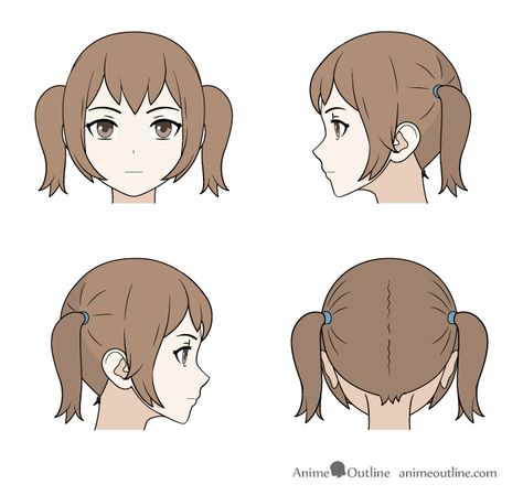 Drawing anime pigtails front, back and side views Curly Anime, Dreamcatcher Drawing, Anime Hairstyles Male, Side View Drawing, Hairstyles Anime, Hair Front, Anime Hairstyles, Pelo Anime, Character Design Cartoon