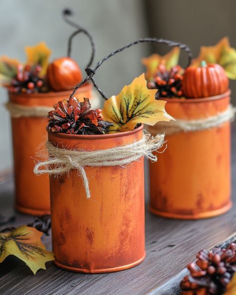 Pumpkins Made From Tin Cans, Tin Can Halloween Decorations, Diy Tin Can Projects, Tin Can Decorations, Painted Tin Cans, Tin Can Flowers, Fun Thanksgiving Crafts, Painted Things, Tin Can Art