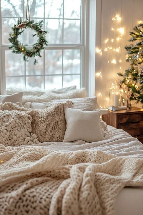 "Elevate your winter decor with a Cozy Hygge Bedroom! 🛏️🔥 Perfect for creating a space that’s all about warmth and relaxation. 🌟✨ #WinterInspo #HyggeHome #BedroomDesign" Cozy Bedroom Essentials, Cozy Bedroom With Lights, Cozy Winter Bedroom Aesthetic, Cosy Aesthetic Bedroom, Cute Winter Room Ideas, Bedroom Winter Decor, Winter Themed Bedroom, Wintery Bed, Winter Bedrooms