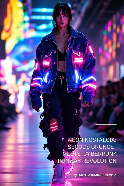 At the bustling Seoul Fashion Week 2024, a avant-garde designer showcases a collection that masterfully blends 1990s grunge with futuristic K-Fashion trends. The runway is set against a backdrop of neon lights and holographic projections, creating a cyberpunk atmosphere. A model struts down the catwalk in a deconstructed denim jacket adorned with LED strips, paired with high-waisted cargo pants featuring multiple pockets and zippers. The look is completed with chunky, platform sneakers that light up with each step, and oversized, iridescent sunglasses. A wide-angle shot captures the entire scene, highlighting the contrast between the grungy elements and the sleek, tech-inspired accessories, while the audience, dressed in a mix of street style and high fashion, watches in awe.(3) Futuristic Clothing Design, Futuristic Street Style, Avant Garde Jacket, Futurecore Outfits, Cyberpunk Outfit Women Neon, Cyberpunk Fashion Futuristic Clothing, Cyberpunk Birthday, Cyberpunk Outfits Female, Cyberpunk Outfit Ideas