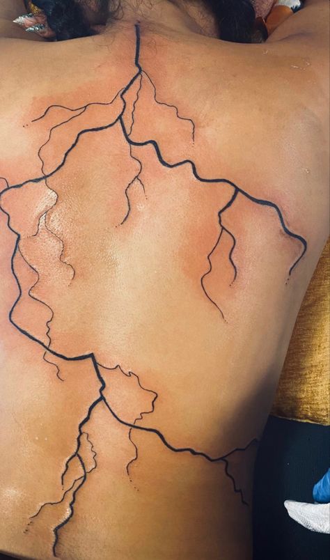 Lightening Back Tattoos, Spine Scar Cover Up Tattoos For Women, Universe Tatoos Ideas, Back Tattoos Lightning, Lightening Spine Tattoo, Lightning Tattoo Spine, Lightening Tattoo Back, Lighting Spine Tattoo, Zipper Spine Tattoo