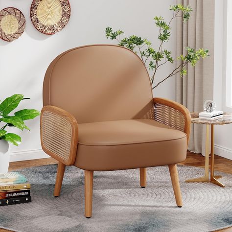 Amazon.com: Aklaus Mid Century Modern Accent Chair Armchair with Rattan Arms Upholstered Rattan Boho Accent Chair for Living Room Bedroom Balcony Faux Leather Reading Chairs Side Club Chair Brown : Patio, Lawn & Garden Boho Accent Chair, Chairs Unique, Rattan Webbing, Small Loveseat, Reading Chairs, Modern Accent Chairs, Cane Webbing, Mid Century Modern Accent Chairs, Coffee Chairs