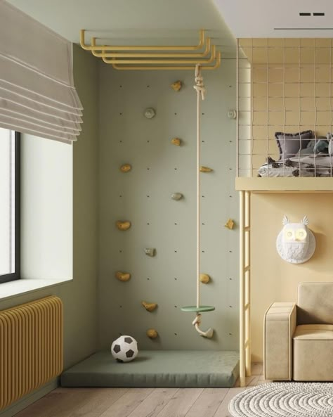 Nuetral Pallete Playroom, Indoor Kids Climbing Wall, Kids Small Playroom Ideas, Small Childrens Bedroom Ideas, Kids Room Design Boys Bedroom Ideas, Modern Boys Room, Kid Playroom Ideas, Modern Kids Playroom, Playroom Boys