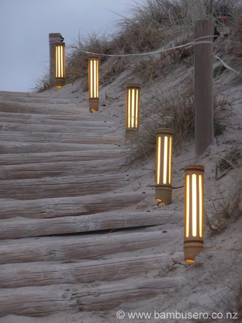 Bamboo lights | indoor outdoor lights | New Zealand | Bambusero Bamboo Lights, Bamboo Lamps, Bamboo Lighting, Bamboo Ideas, Bamboo Stakes, Bamboo Diy, Landscape Lighting Design, Bamboo Architecture, Bamboo Decor