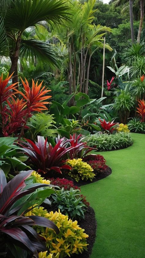 Bringing the Tropics Home: 15 Fresh and Fun Tropical Garden Design Ideas for Small Spaces - Fads Tropical Garden Layout Plan, Modern Tropical Front Yard Landscaping, Australian Tropical Garden, Front Yard Landscaping Australian Modern, Front Garden Ideas Australian, Tropical Garden Design Landscaping, Tropical Garden Uk, Modern Tropical Garden, Florida Plants Landscaping