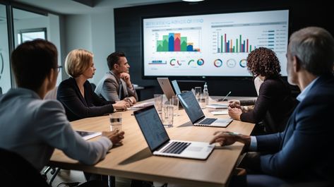 Corporate Meeting Insight: A team of professionals engaged in a corporate meeting discussing data displayed on the screen. #meeting #corporate #professionals #office #conference #data #presentation #graphs #aiart #aiphoto #stockcake https://ayr.app/l/k2zw Corporate Office Photoshoot, Accountant Life, Success Business Motivation, Office Presentation, Data Presentation, Communication Pictures, Team Dinner, Presentation Pictures, Group Meeting