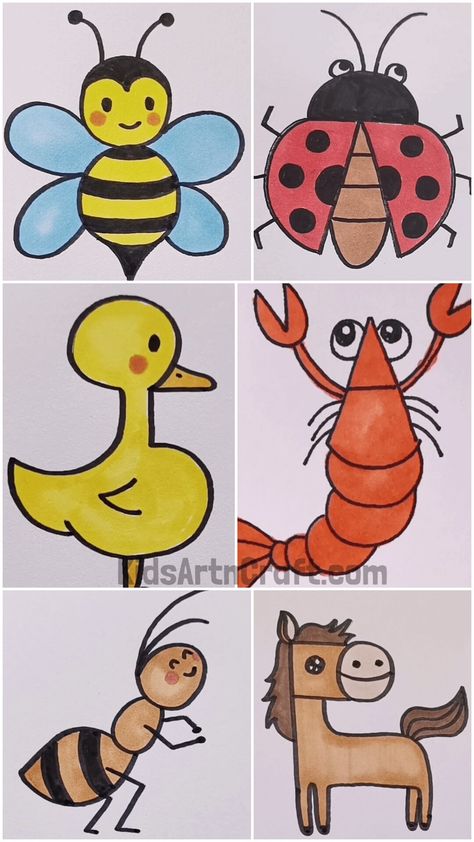 Easy Animal Drawings & Coloring for Kids Check more at https://www.kidsartncraft.com/easy-animal-drawings-coloring-for-kids/ Drawing Worksheets For Kindergarten, Drawing For Small Kids, Easy Animal Drawings For Kids, Ukg Worksheet, Small Easy Drawings, Cool Drawings For Kids, Class Drawing, Drawing Pictures For Kids