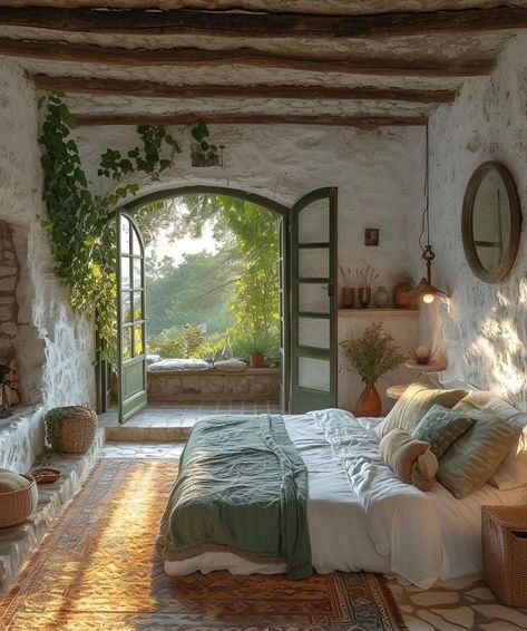 Italian Farmhouse Bedroom, Italian Bedroom Aesthetic, Mediterranean Minimalist Interior, Spanish Bedroom, Cozy Bedroom Ideas For Women, Mediterranean Bedroom, French Doors Bedroom, Italian Bedroom, Boho Style Bedroom