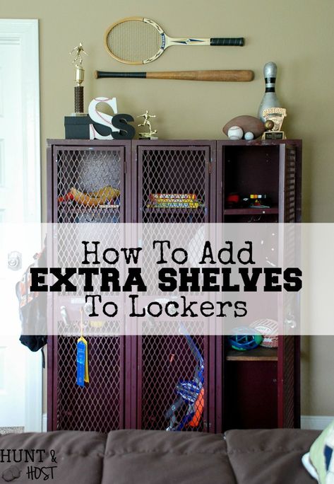 Old school lockers or gym lockers make great storage but you can add more. Here is an easy way to add extra storage to these vintage lockers. Perfect for a boy's room, laundry room or kid's storage. Boys Sports Room, Locker Shelves, Diy Locker, Locker Ideas, Locker Organization, Vintage Lockers, Bedroom Furniture Layout, Storage Lockers, Gym Lockers